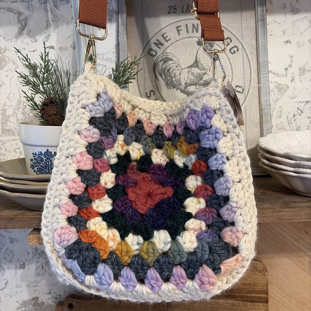 Large Hand Crochet Brand New Tag Handmade Bohemian Crossbody Purse Bag Merino